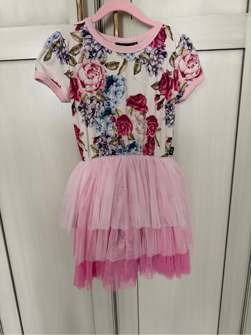 Floral Short Sleeve Tulle Tiered Pink Dress